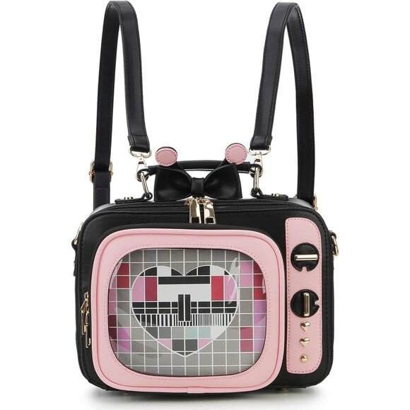 Retro TV Shaped Ita Backpack with Pin Display and Inserts Pink Crossbody Purse - Picture 1 of 9
